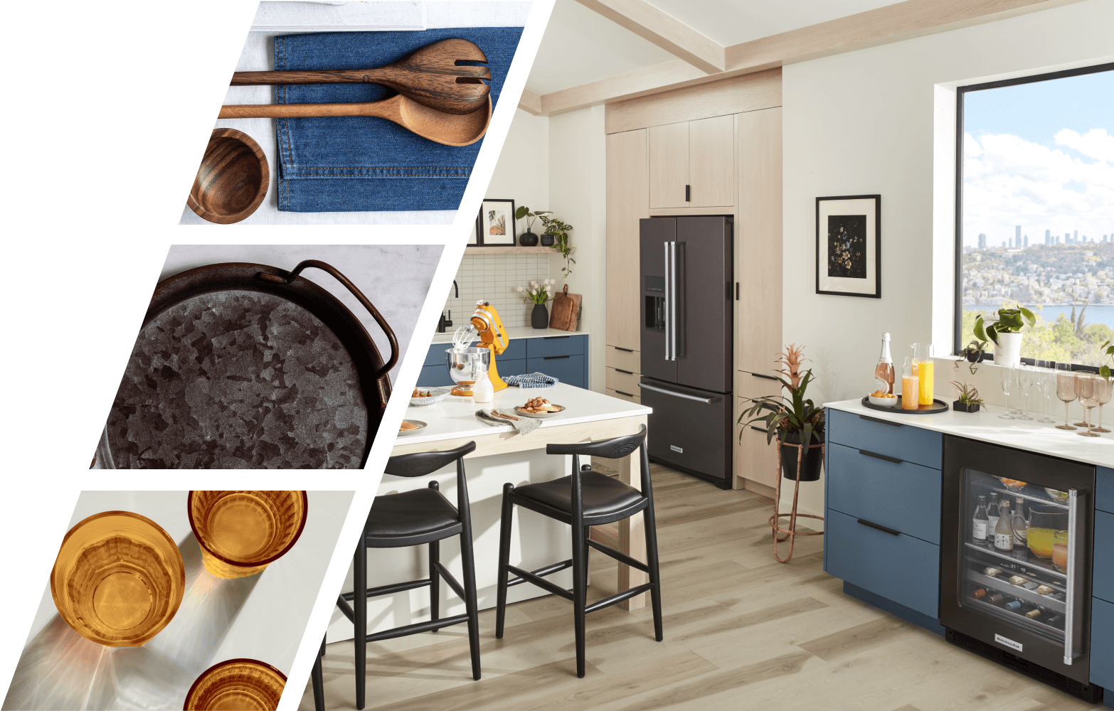 A bright modern kitchen with blue cabinetry and airy accents, and a collection of detailed images featuring amber glassware, wood utensils and textured servingware. 