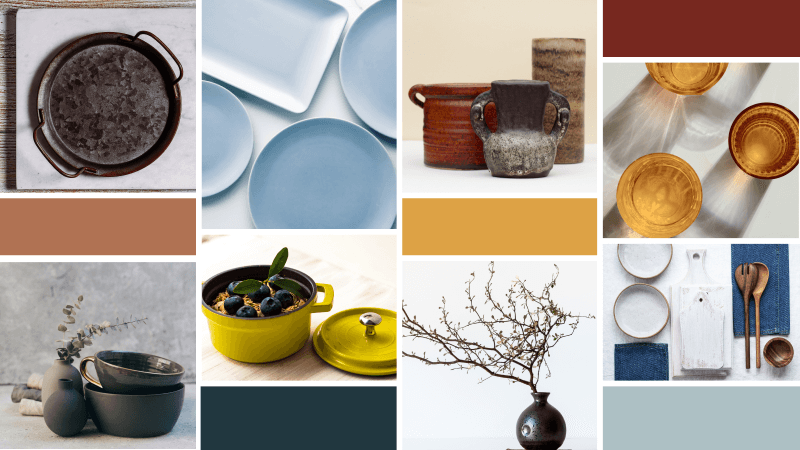 A collection of different images featuring warm dishware, accent plants, and cool blue color swatches. 