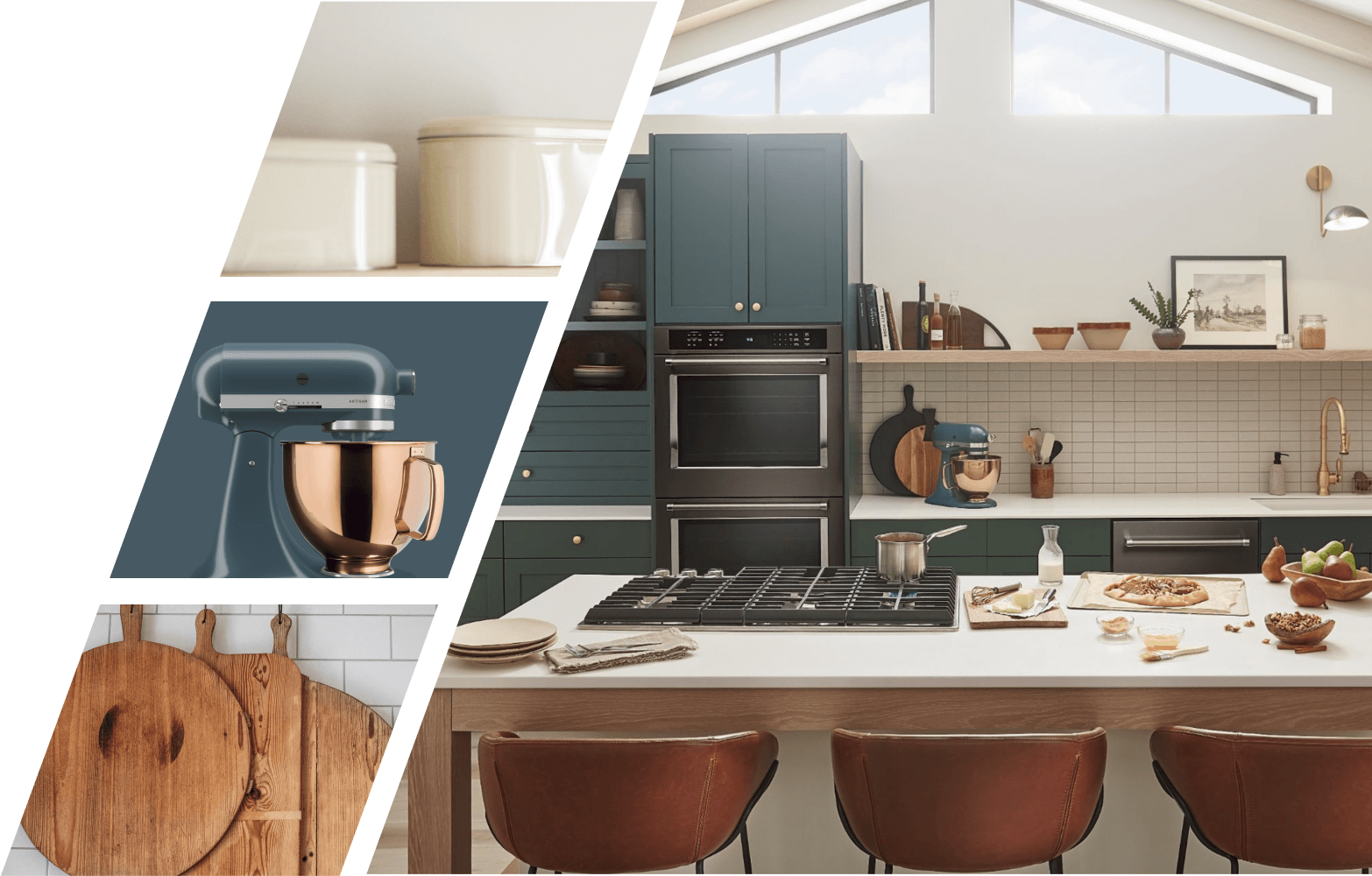A colorful kitchen with green cabinetry, and a collection of detailed images featuring textured bowls, cutting boards, and a dark green KitchenAid® Stand Mixer with a copper bowl. 
