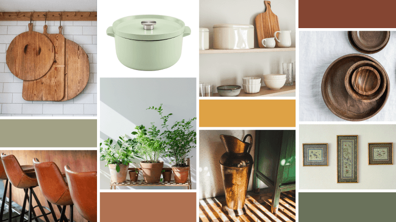 A collection of different images featuring dishware, textures, greenery and color swatches. 
