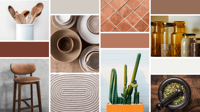 A collection of different images featuring neutral colored dishware, wooden accents, and natural, woven textures.