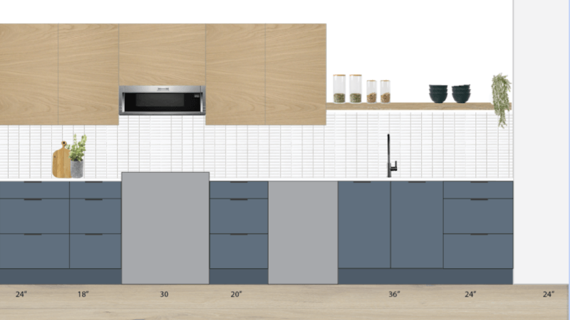A rendering of a contemporary kitchen. 