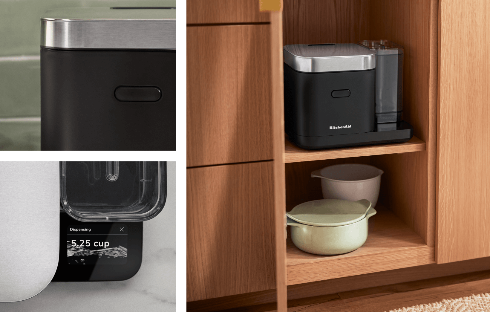 A collage of close ups of the grain and rice cooker.