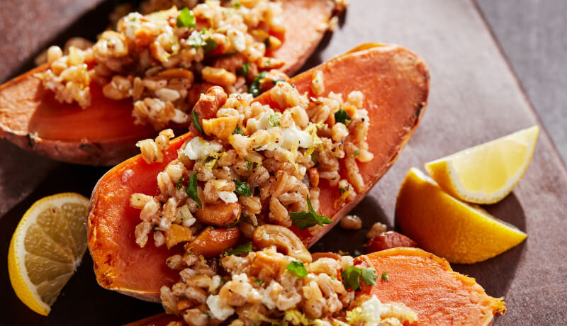 Steamed Sweet Potatoes Stuffed With Farro.