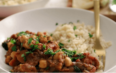 A bowl of Easy Indian Chana Masala paired with rice.