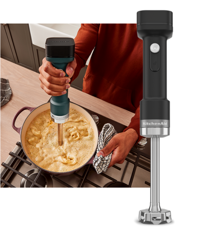 KitchenAid Go™ Cordless Hand Blender and a person using the blender to blend soup.