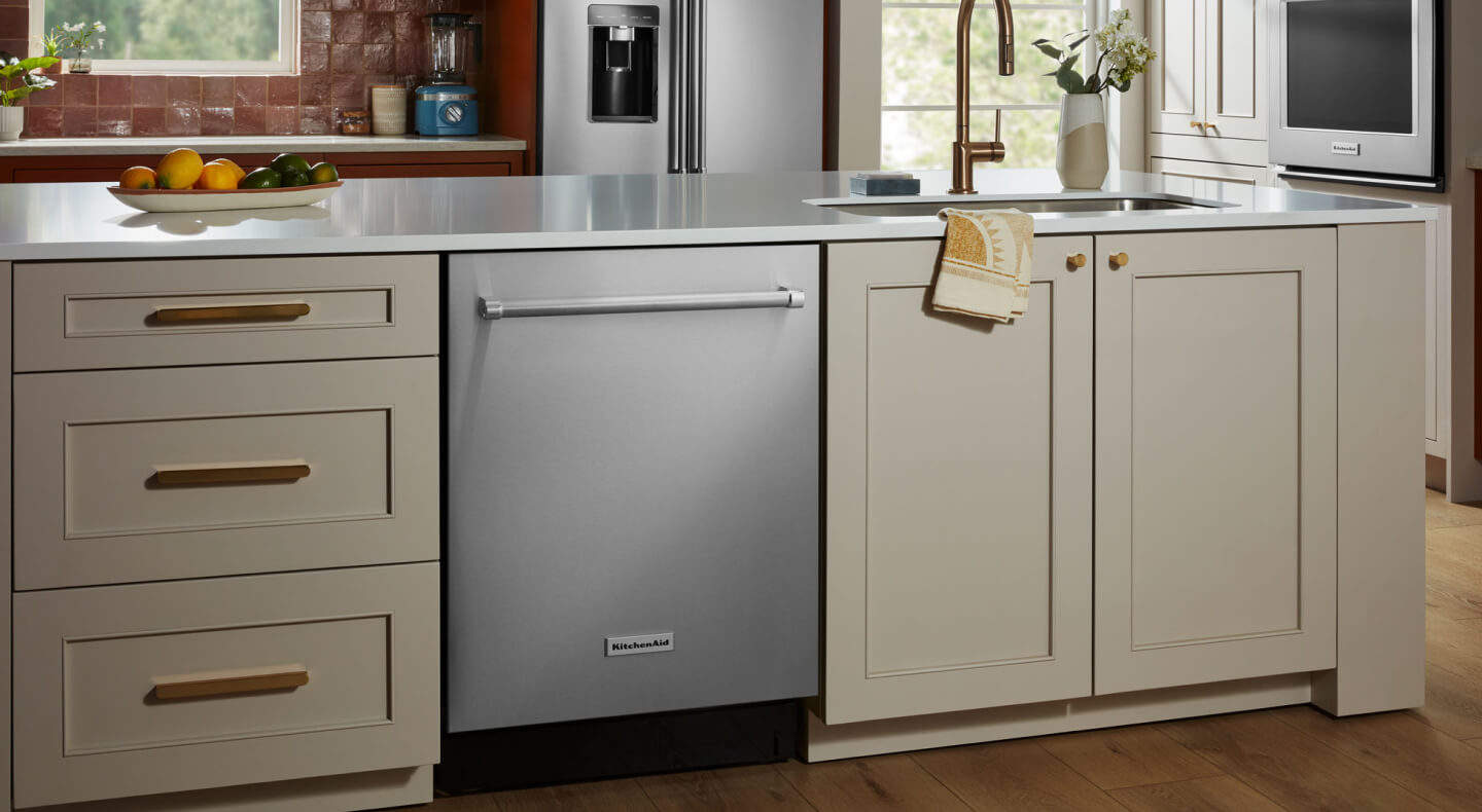 Flush KitchenAid® dishwasher installed in a kitchen island