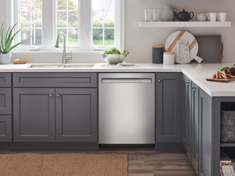 Stainless steel KitchenAid® dishwasher in a modern kitchen Stainless steel KitchenAid® dishwasher in a modern kitchen