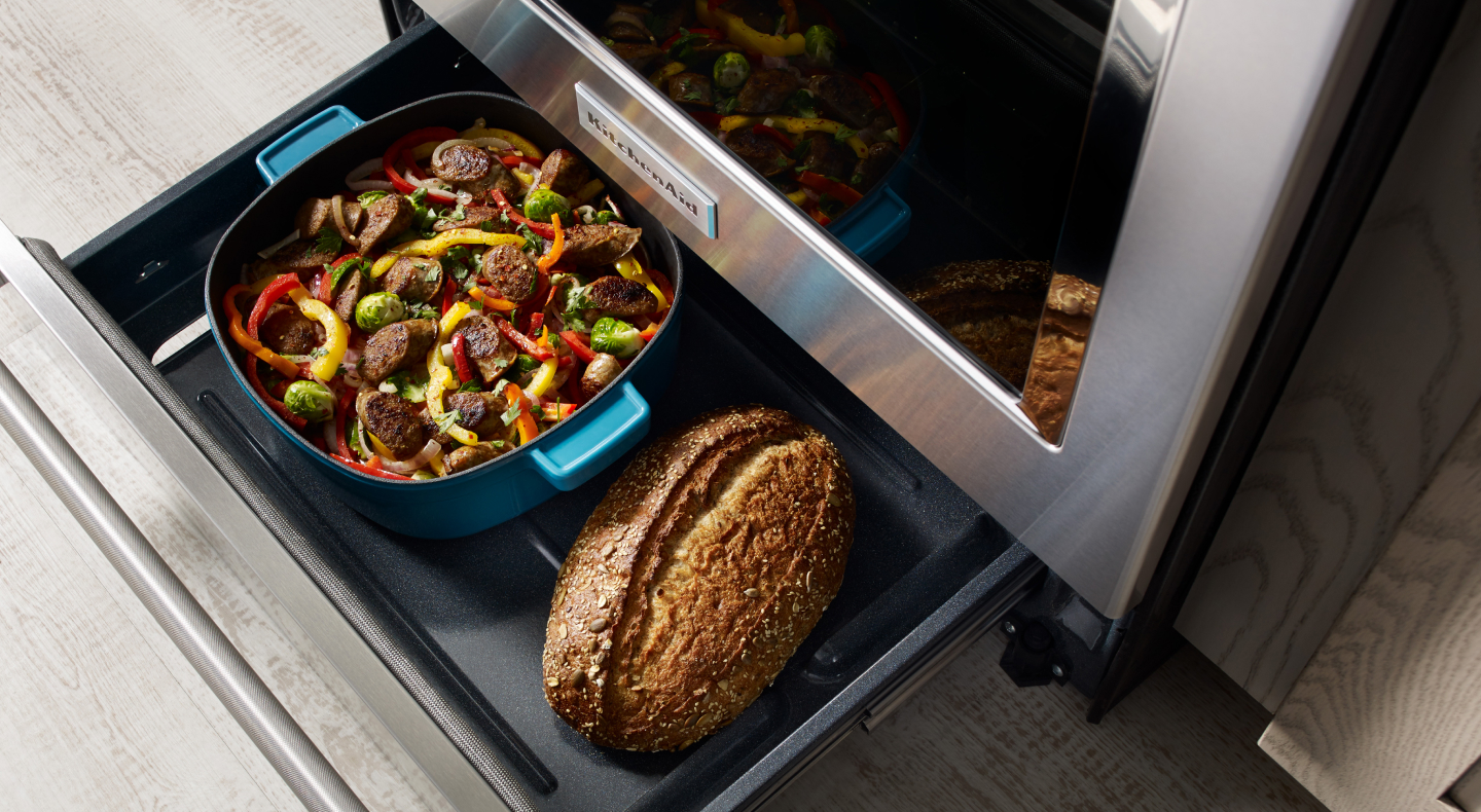 Large dish and loaf in warming drawer