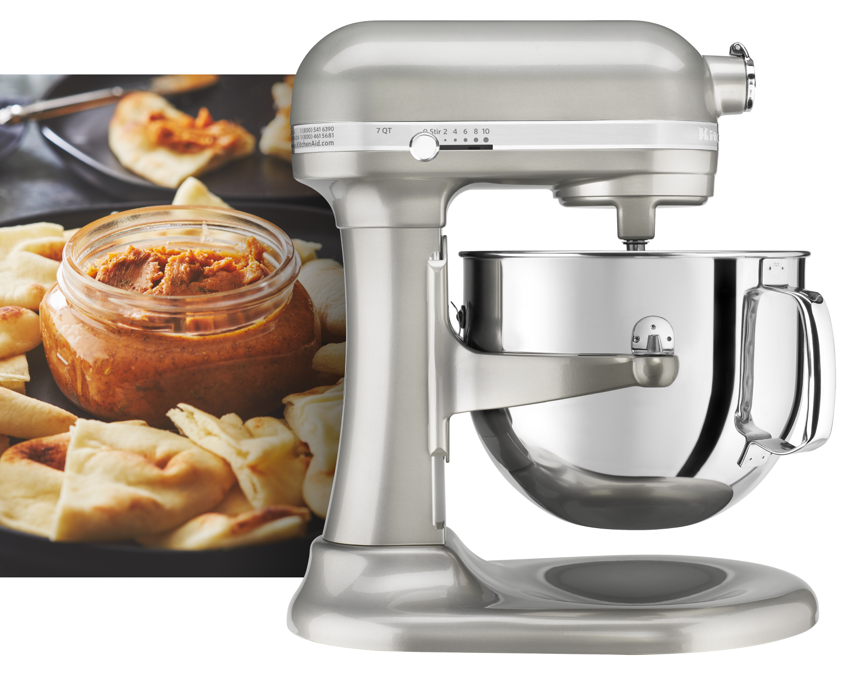 A Chrome stand mixer using a Secure Fit Pouring Shield