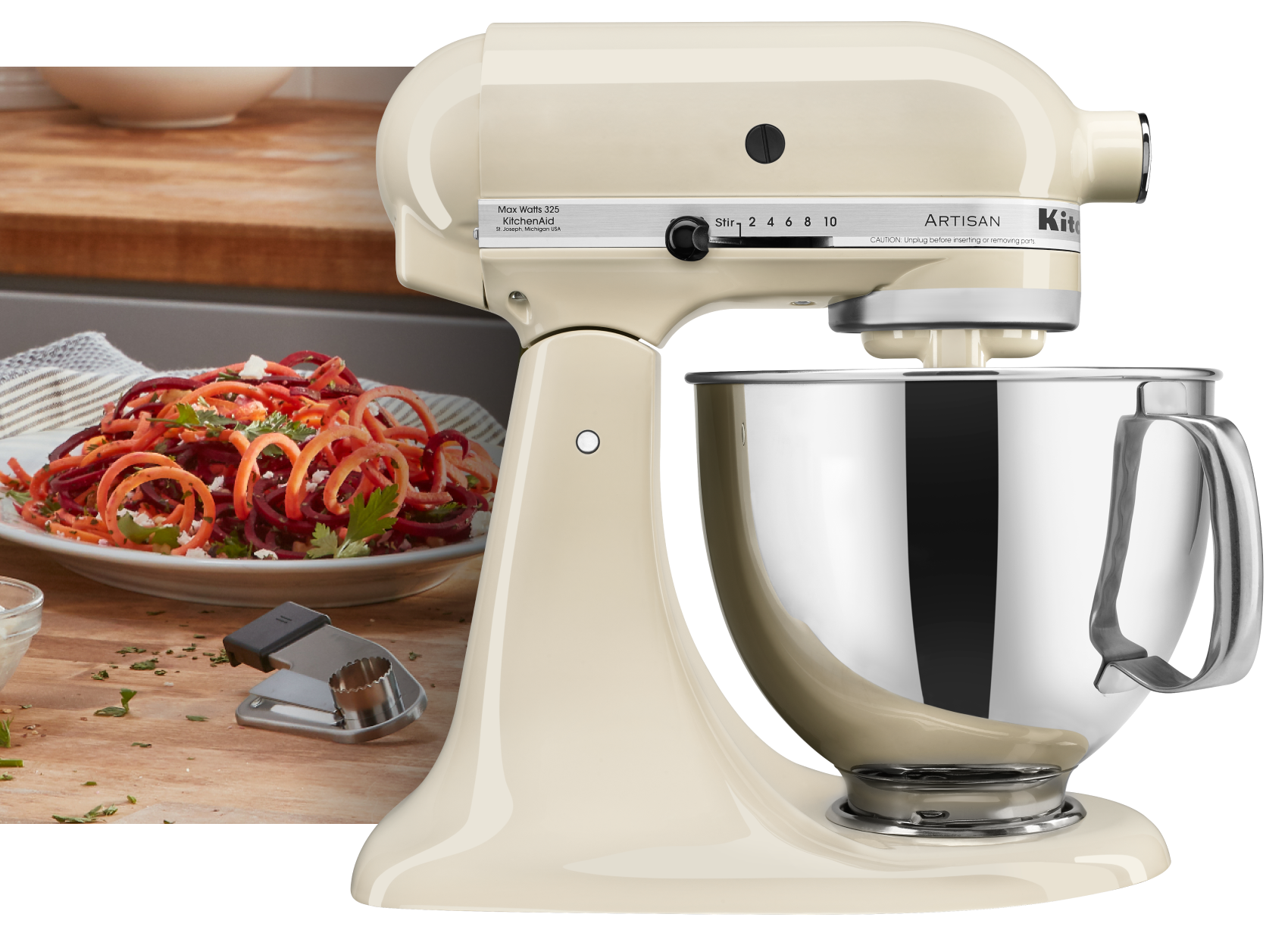 Almond Cream-colored tilt-head stand mixer.