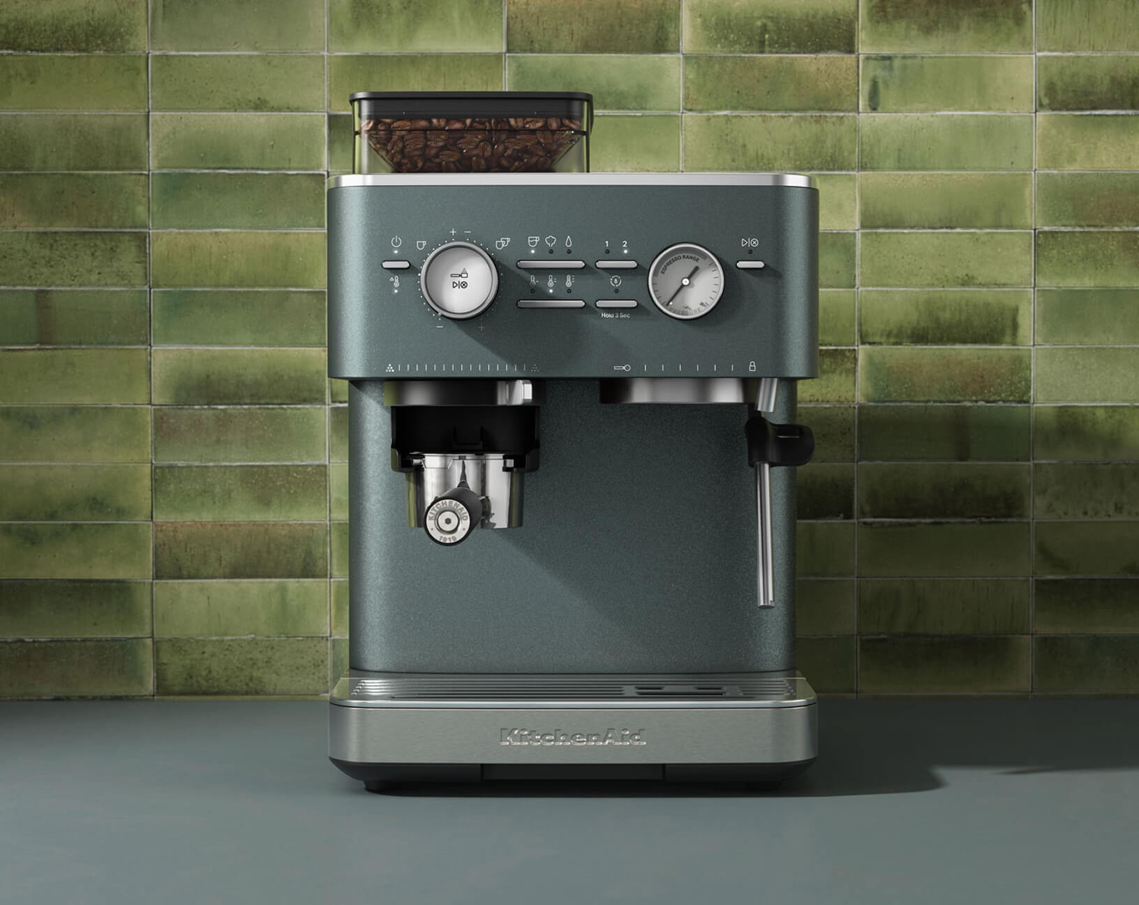 The KitchenAid® Espresso Machine in Juniper on a counter.