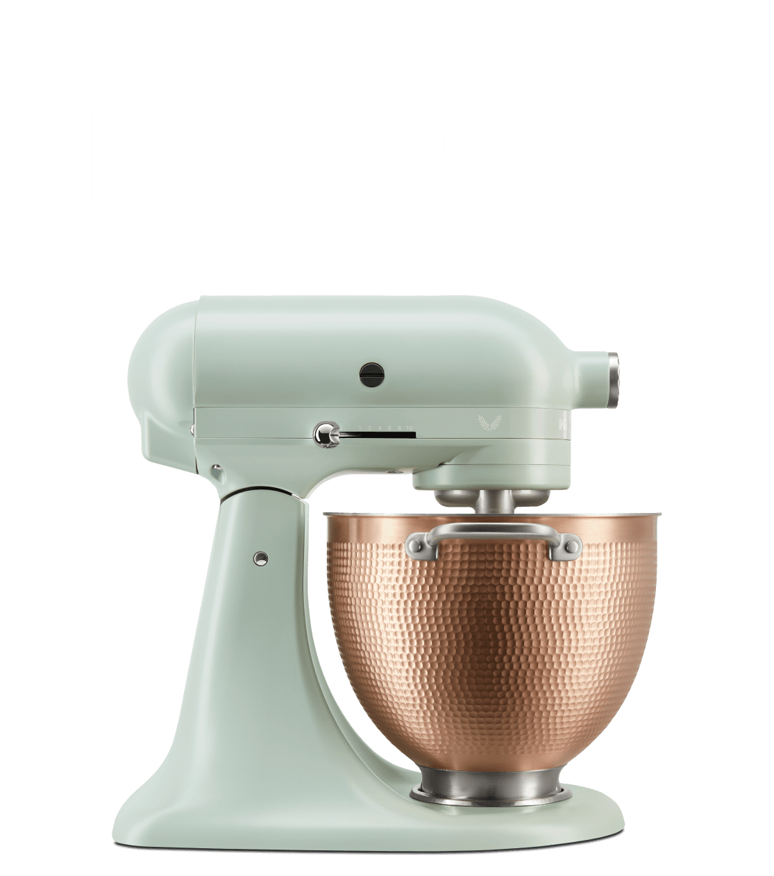 The KitchenAid® Design Series Stand Mixer on a thyme green background with hand-drawn florals and botanicals.
