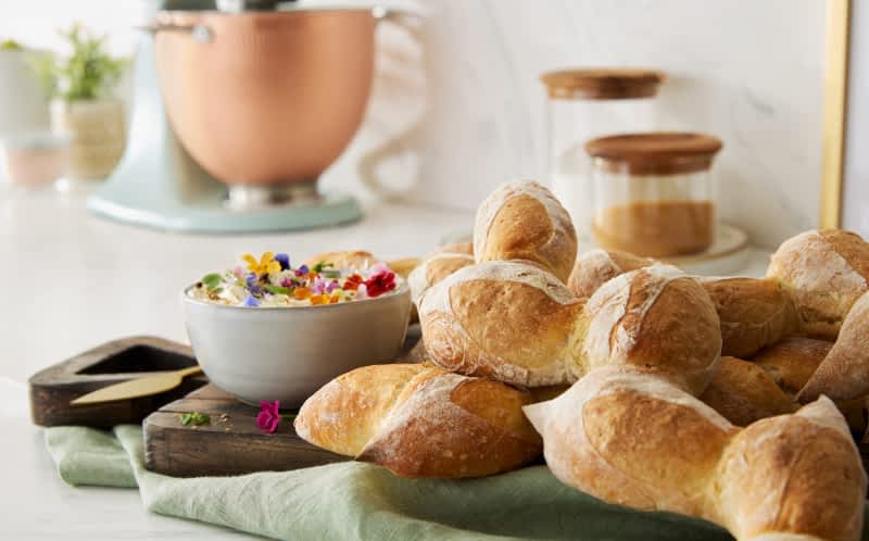 Epi bread on a countertop.