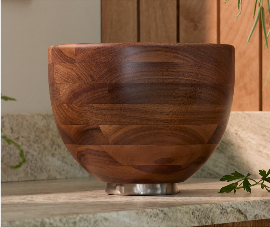The true Walnut wood bowl of the Evergreen stand mixer.