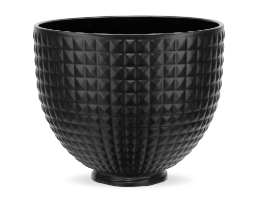 A studded black ceramic stand mixer bowl.