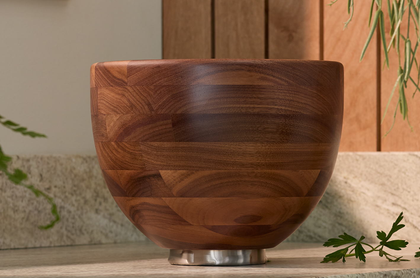 The walnut wood stand mixer bowl.
