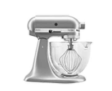 A KitchenAid® Stand Mixer with a whisk and clear bowl.