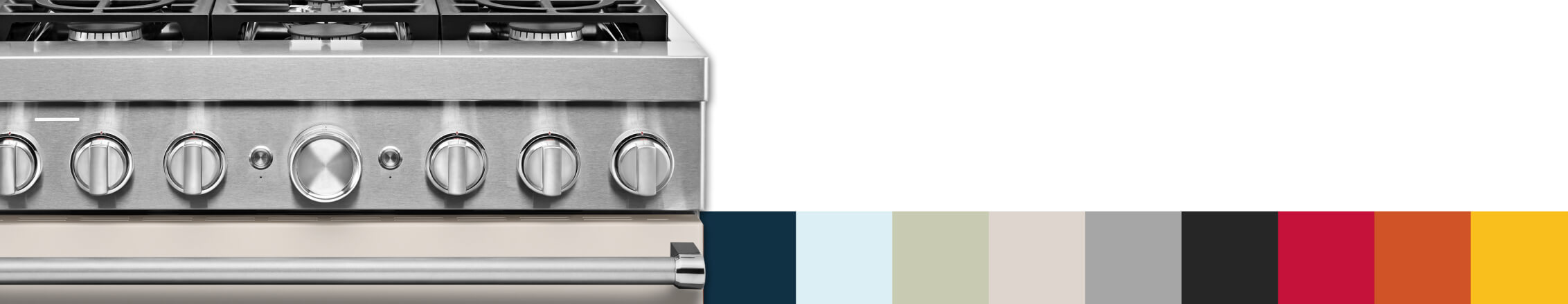 Close-up of commercial-style range, accompanied by a swatch of all available colors.