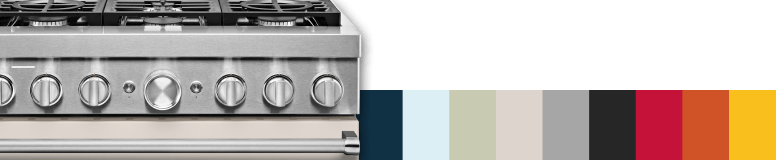 Close-up of commercial-style range, accompanied by a swatch of all available colors.