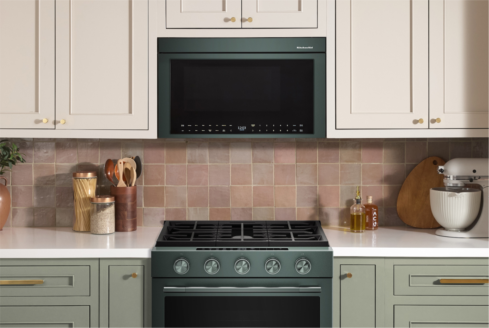 A KitchenAid® built-in microwave installed above a KitchenAid® oven.