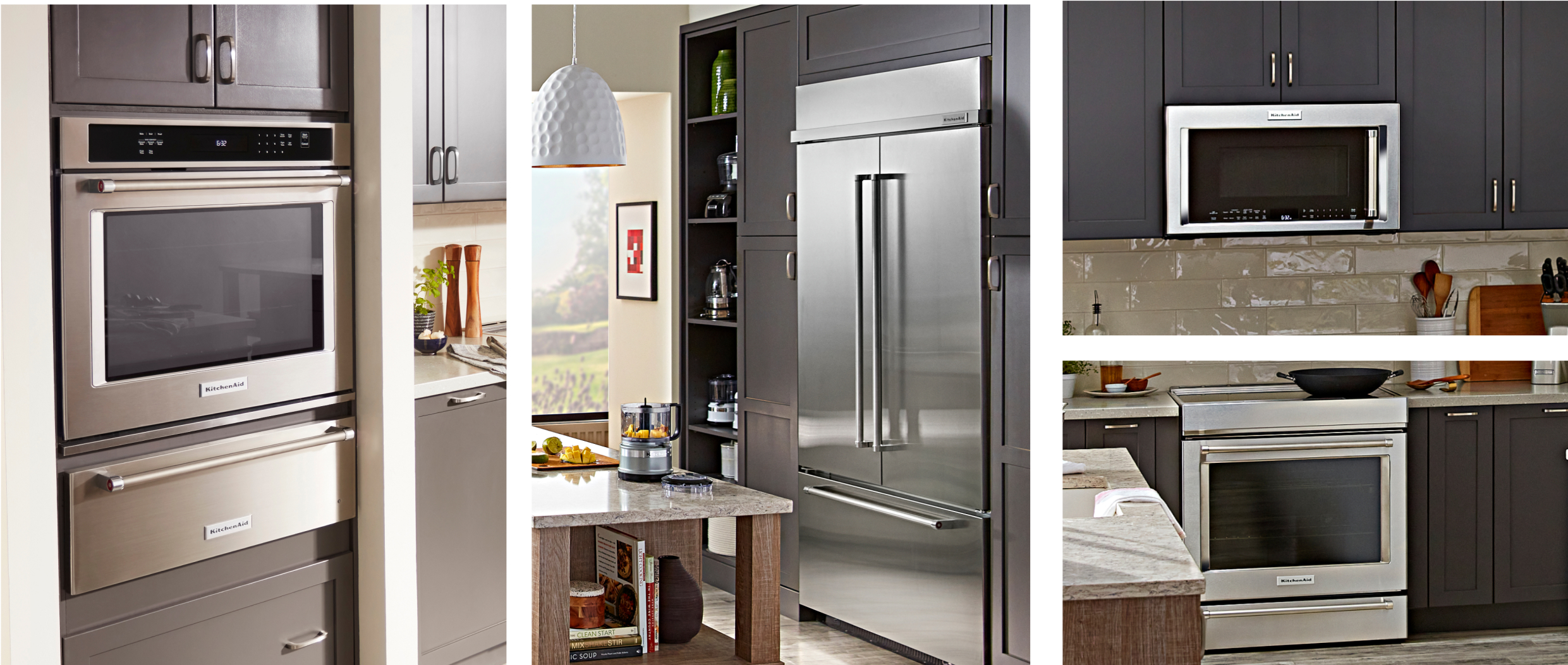 Four images in a collage, each showing built-in stainless appliances in a kitchen with dark gray cabinets