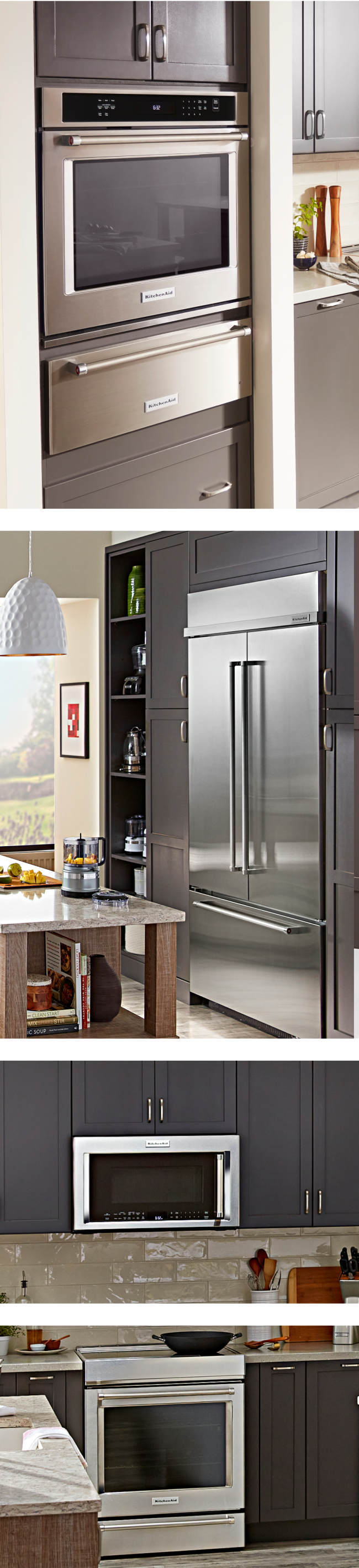 Four images in a collage, each showing built-in stainless appliances in a kitchen with dark gray cabinets