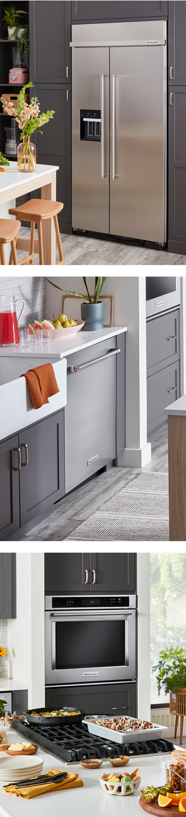 A collage of three images in a kitchen with gray cabinets, including a stainless steel built-in side-by-side refrigerator, dishwasher, wall oven and gas downdraft cooktop
