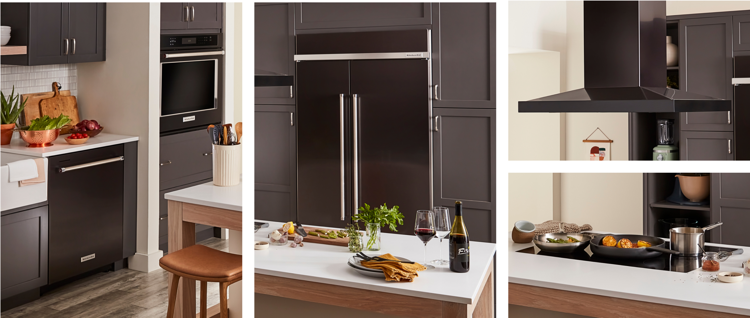 A collage of four images featuring black stainless appliances in a kitchen with gray cabinets and white countertops