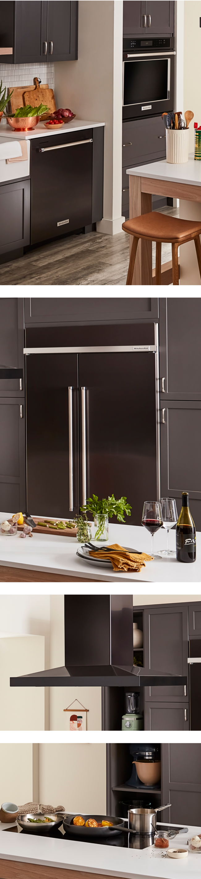 A collage of four images featuring black stainless appliances in a kitchen with gray cabinets and white countertops