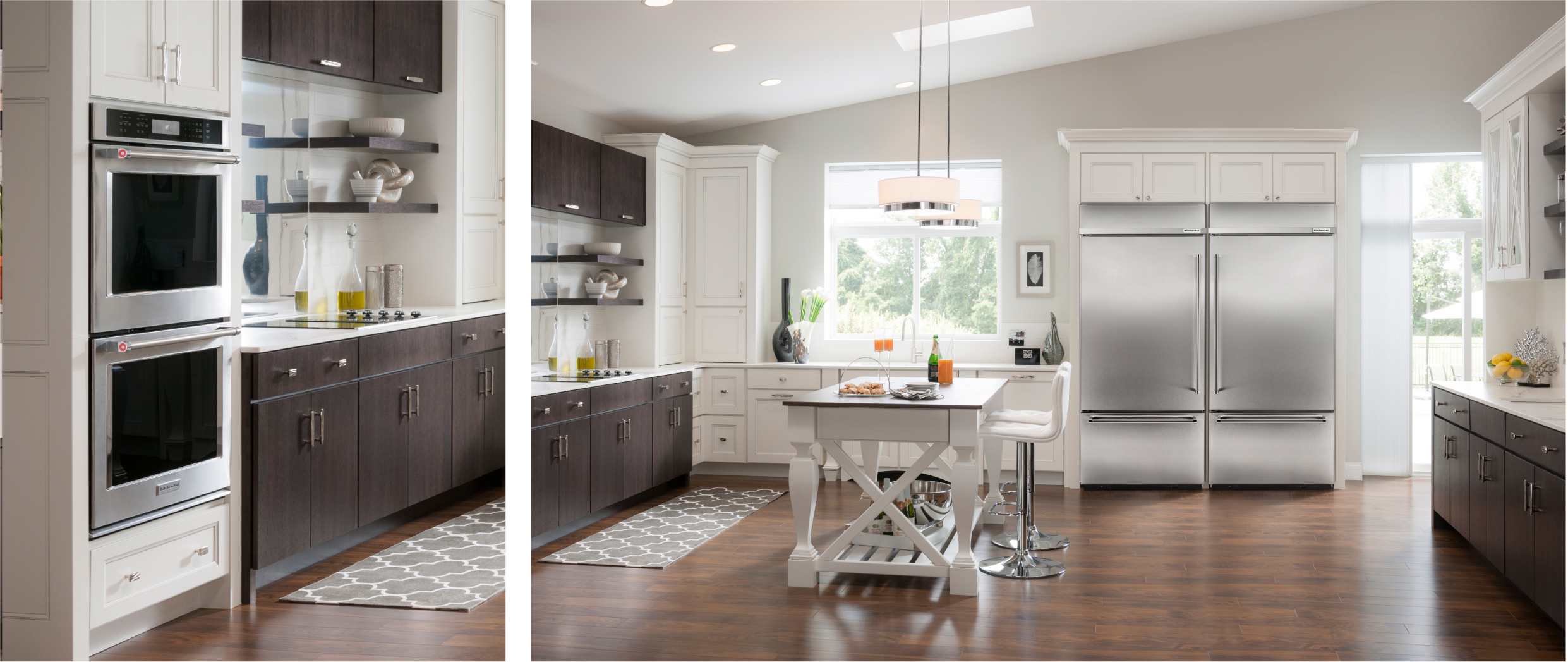 Two images of a large kitchen with dark wood cabinets, a double wall oven and two built-in bottom freezer refrigerators