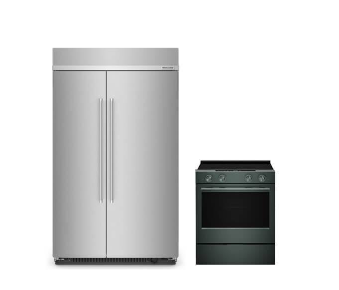 A stainless steel built-in side-by-side refrigerator next to a stainless steel range
