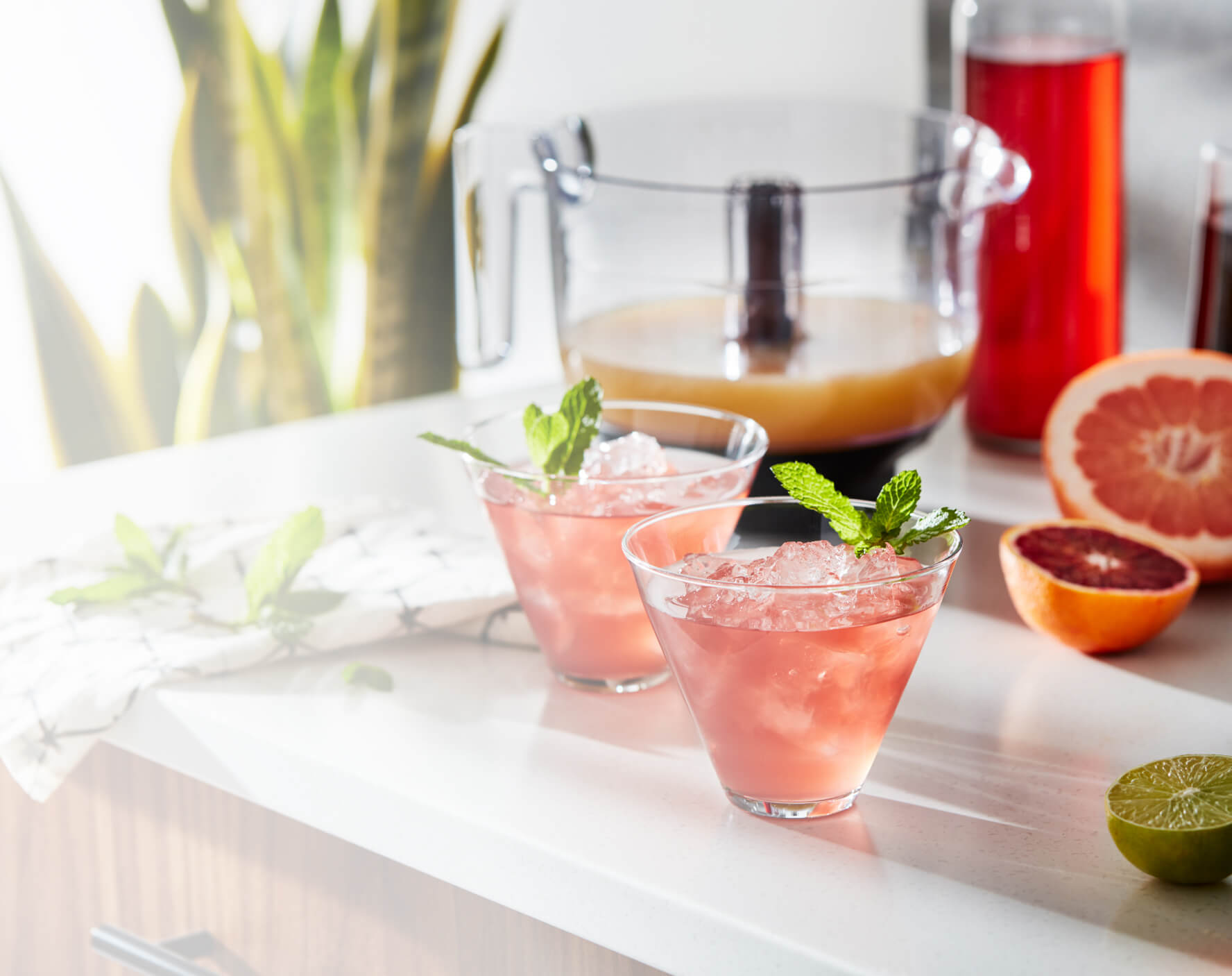 Two freshly made grapefruit cocktails resting on a bright kitchen counter with assorted citruses.