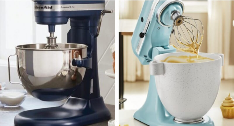 A KitchenAid® black bowl-lift stand mixer and a blue tilt-head stand mixer.