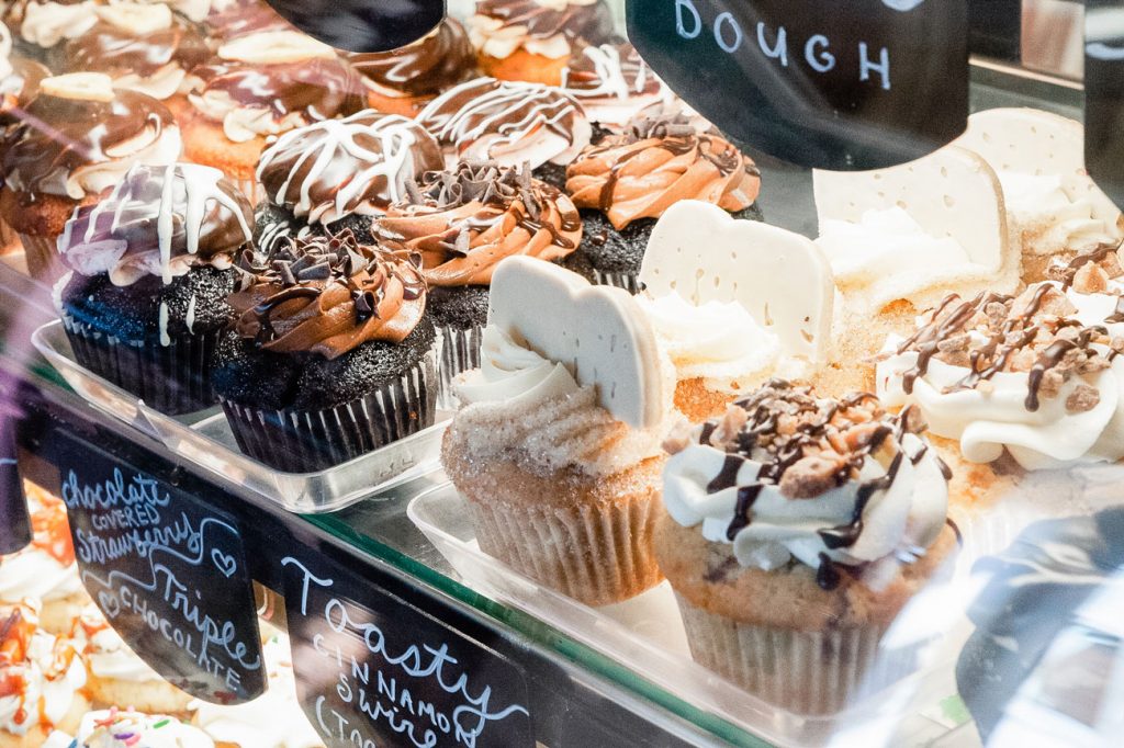 A variety of cupcakes from The Caketeria on display.