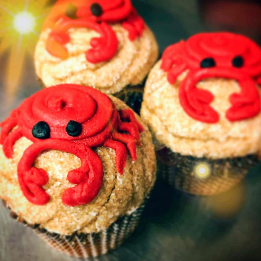 Cupcakes from The Happy Mixer Gluten Free Bakery with crabs made of icing.
