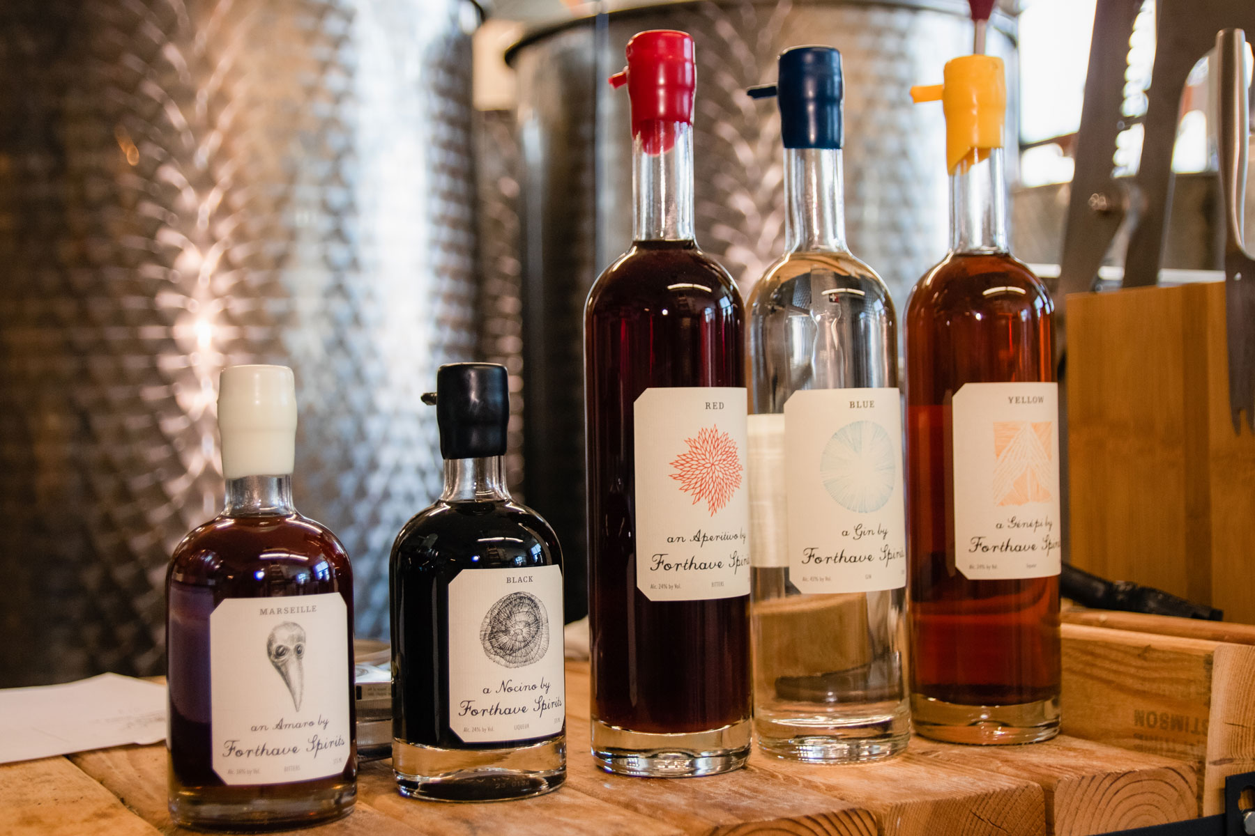 A selection of liquor bottles from Forthave Spirits.