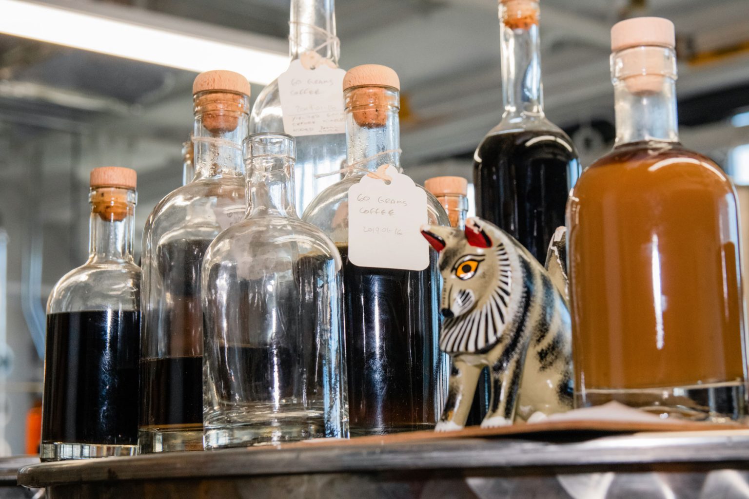 Glass bottles sealed with corks.