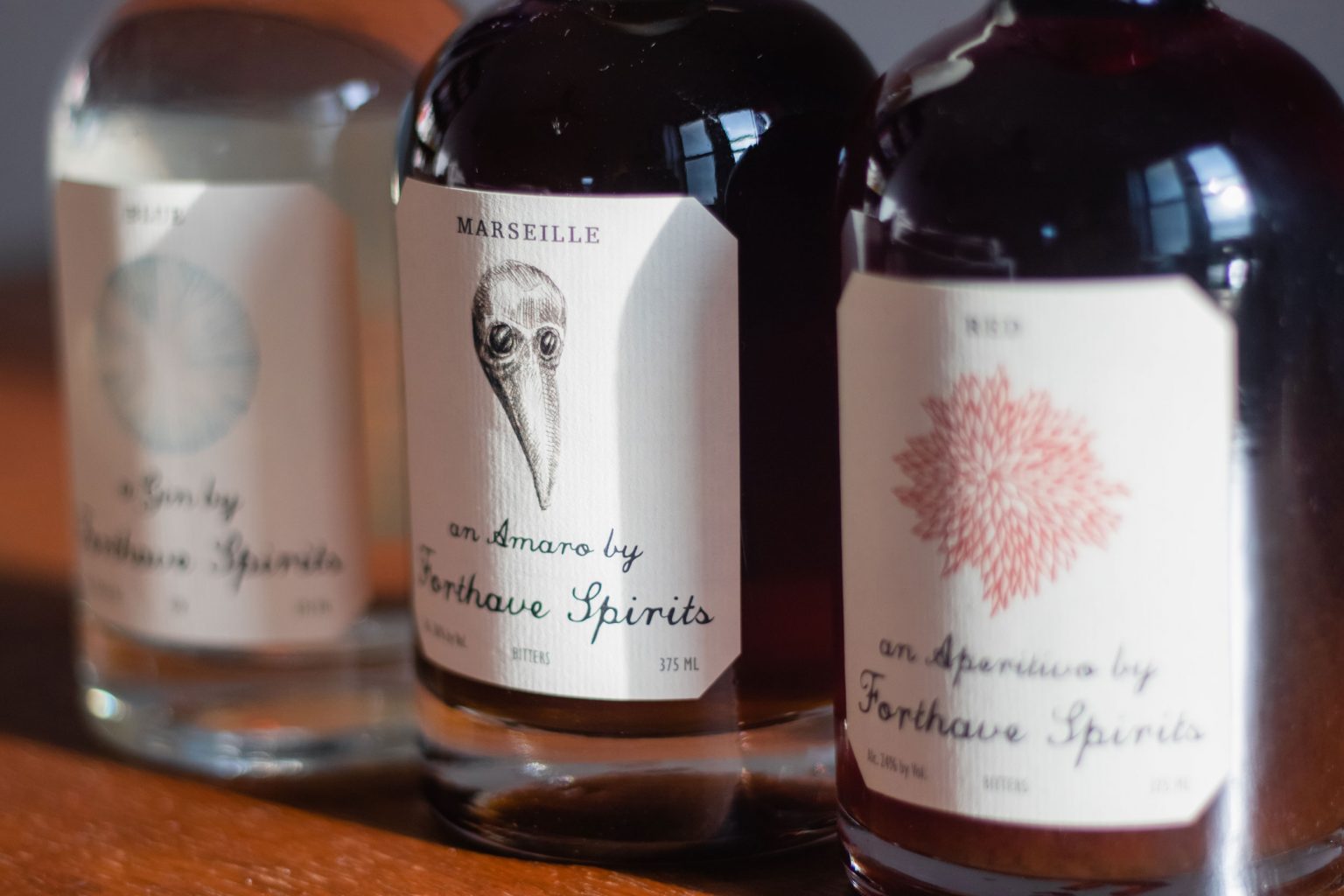 Liquor bottles from Forthave Spirits.