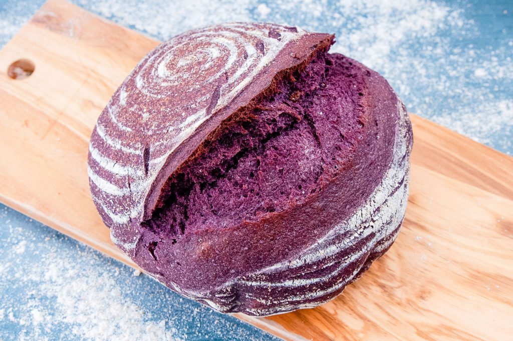A freshly baked blue sourdough bread.