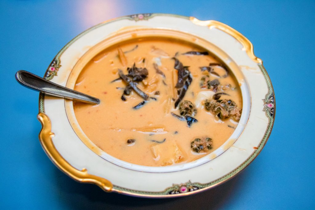 A bowl of creamy soup.