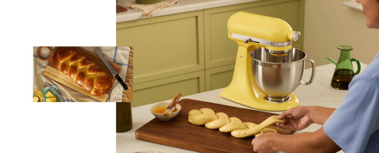 A freshly baked loaf of braided brioche bread. A person braiding dough next to the Butter stand mixer.