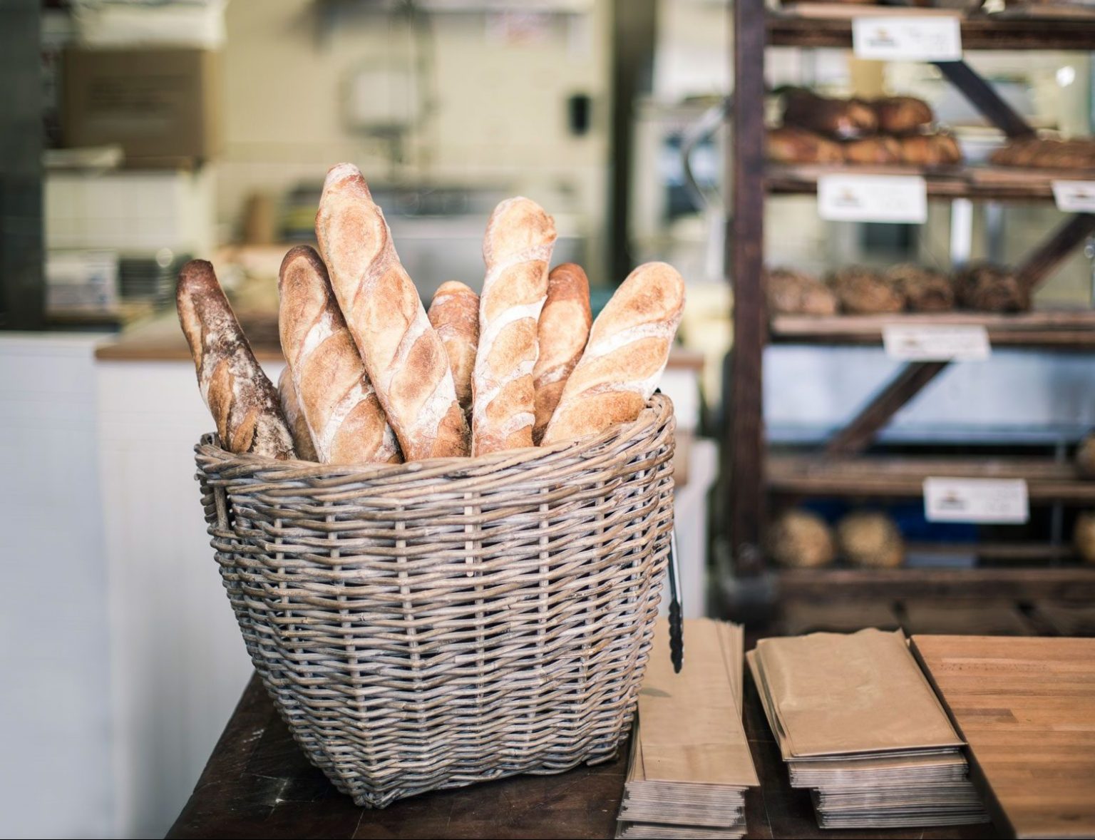 Freshly made loaves of bread in a basket.