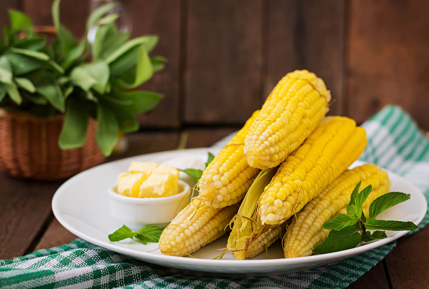 A fresh plate of cooked corn on the cob with a small dish of butter on the side.