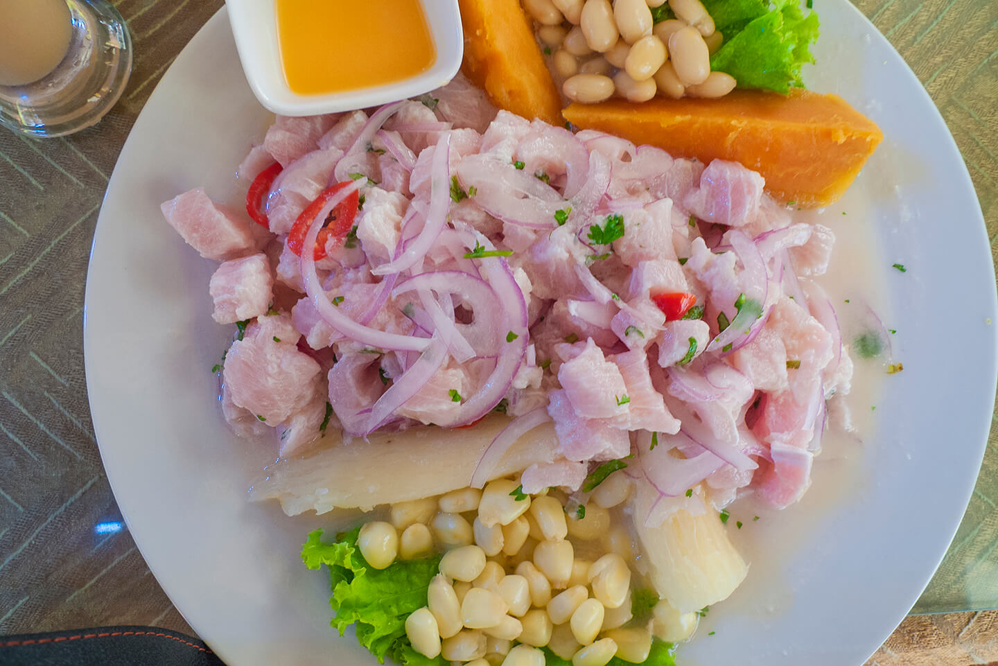 A plate filled with fresh ceviche topped with sliced red onions.