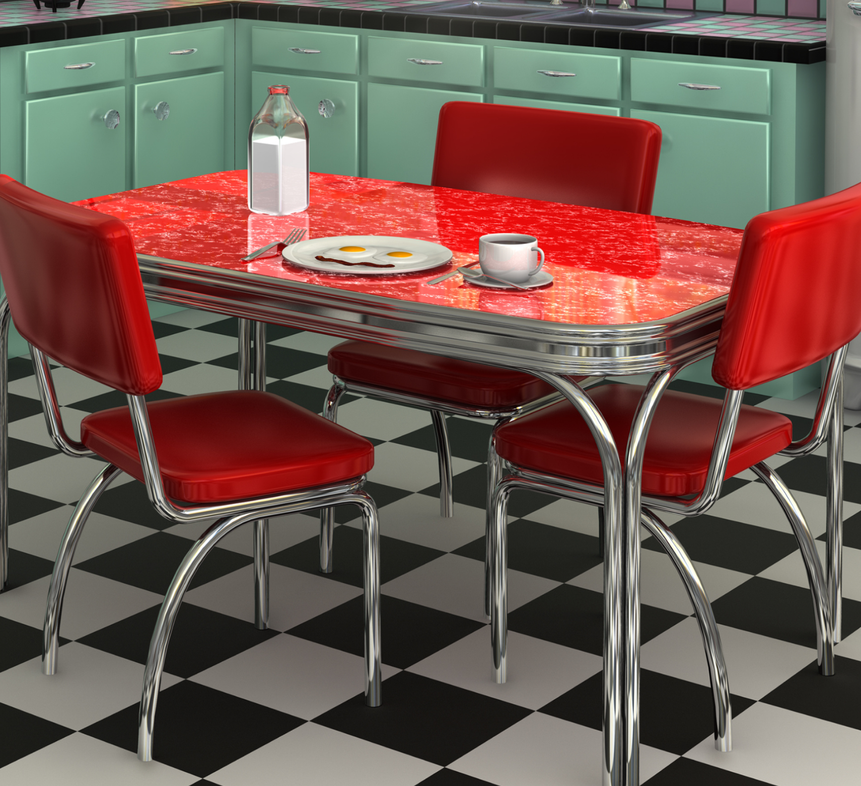 Colorful kitchen with teal cabinets and black and white flooring