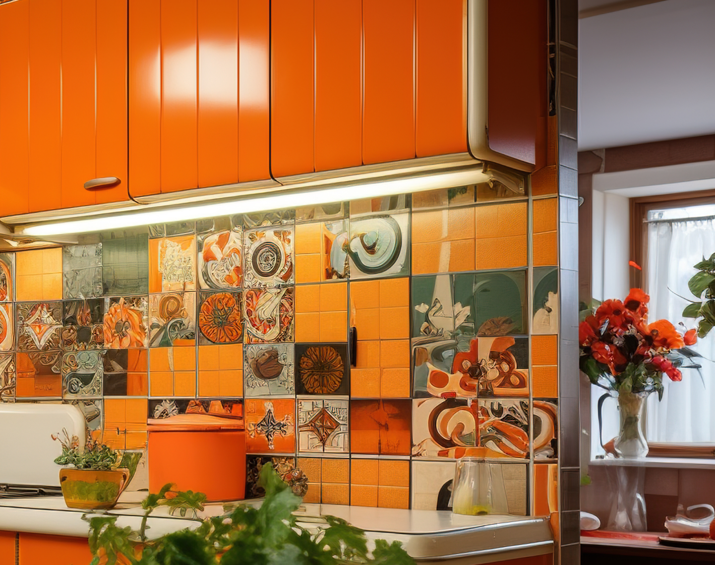 70’s style kitchen with orange cabinets and colorful flooring