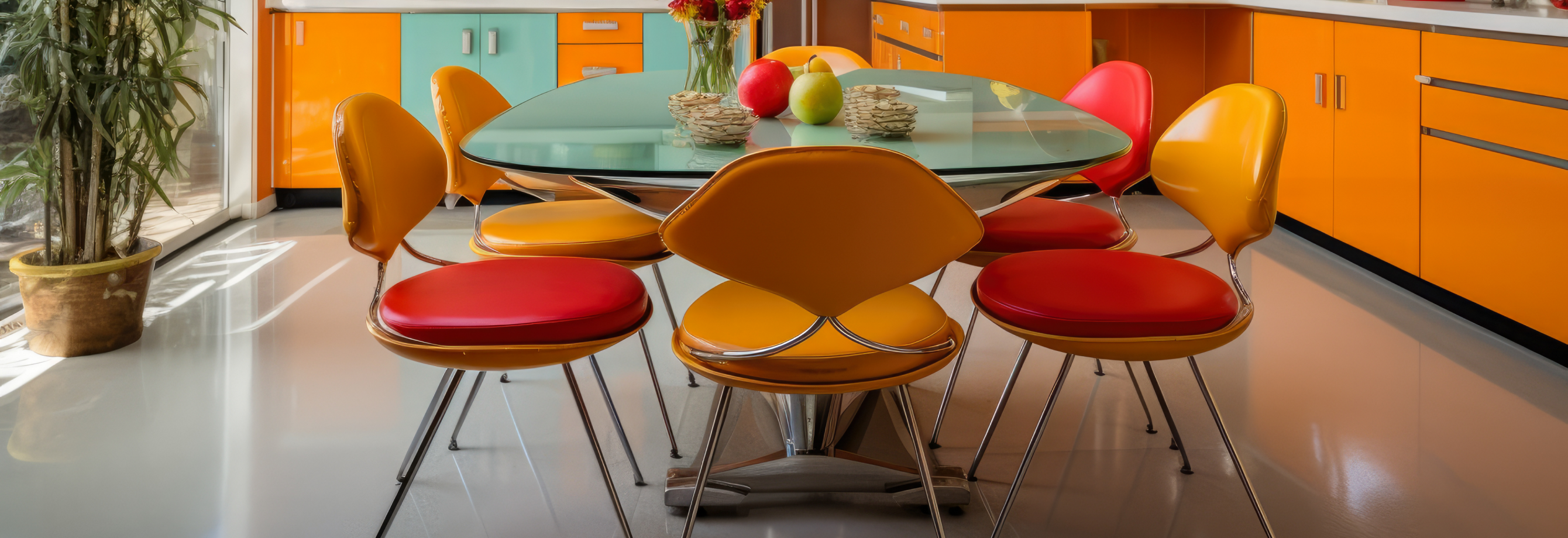 Vibrant yellow and red chairs around a vintage-inspired kitchen table