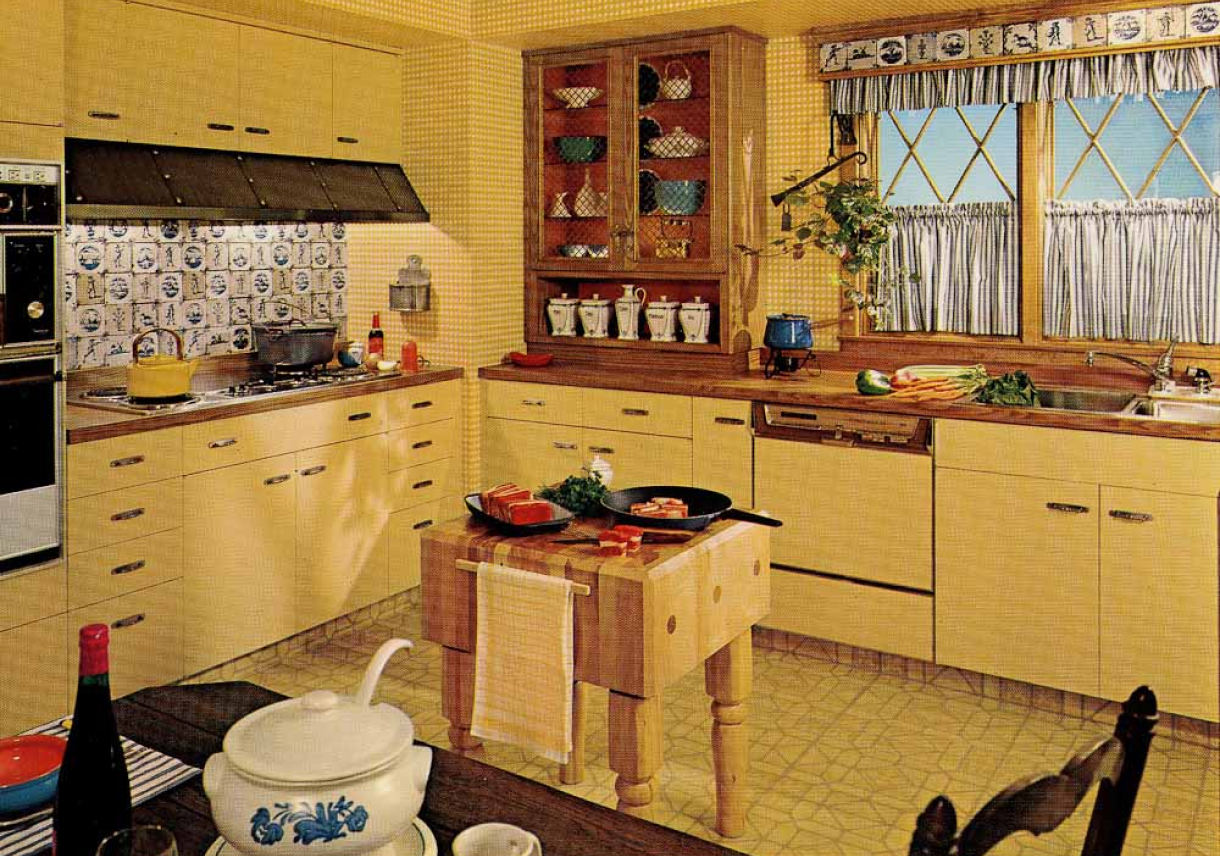 Vintage kitchen with a small wooden kitchen island