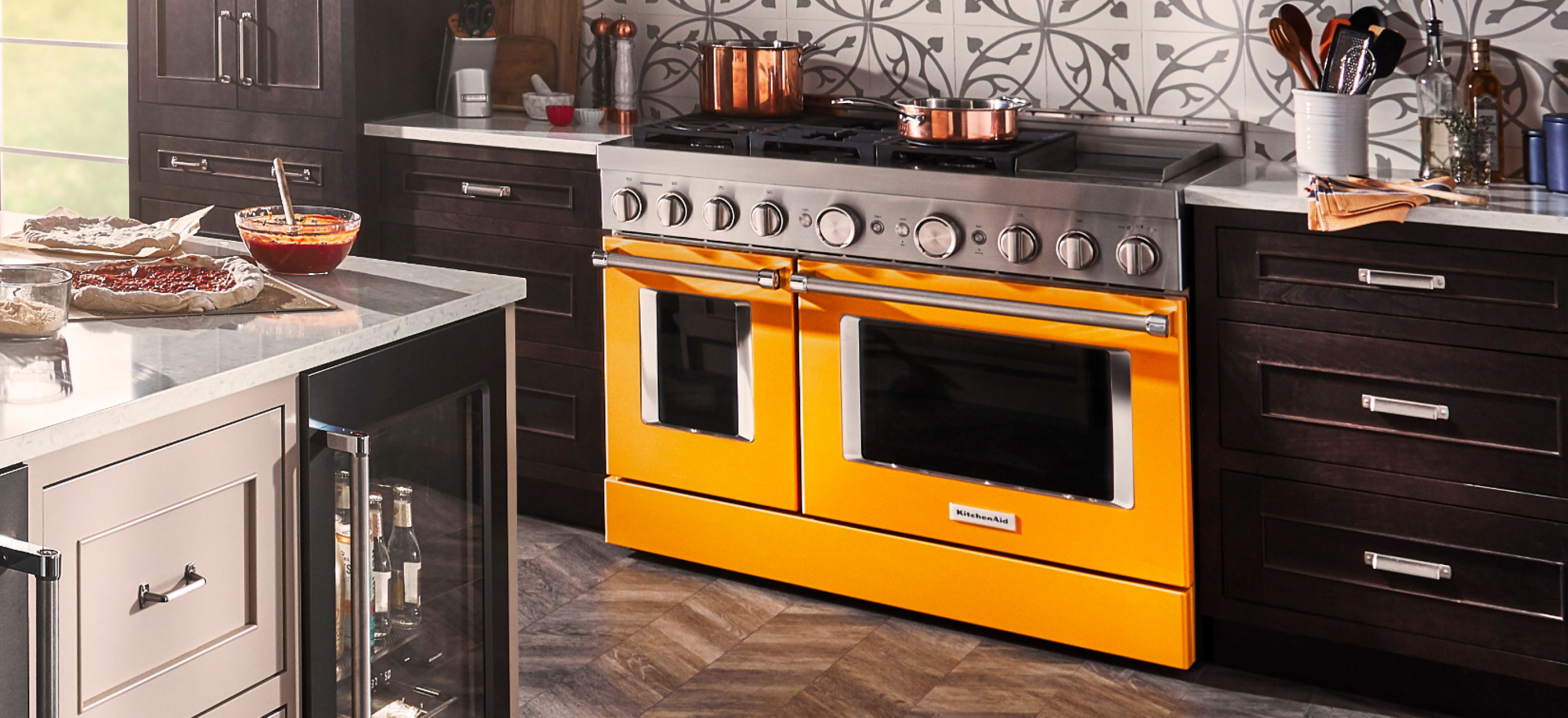 Colorful KitchenAid® gas range in a modern kitchen
